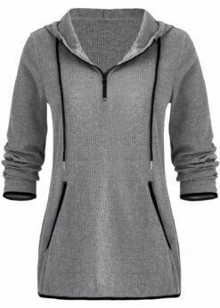 Grey Pocket Zipper Long Sleeve Hoodie -Modlily Shop 1697853282064098171