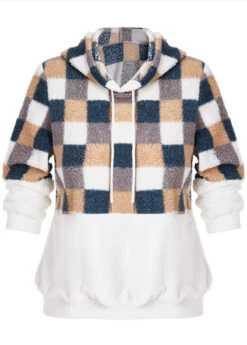 White Patchwork Plaid Long Sleeve Hoodie -Modlily Shop 1698108566066052209
