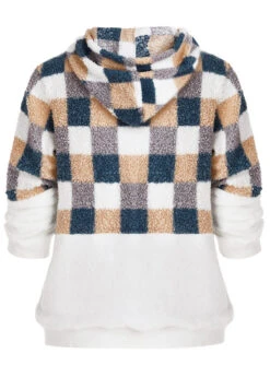 White Patchwork Plaid Long Sleeve Hoodie -Modlily Shop 1698108567965587406