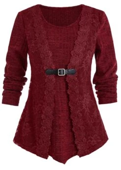 Wine Red Fake 2in1 Long Sleeve T Shirt -Modlily Shop 1698141311691924085