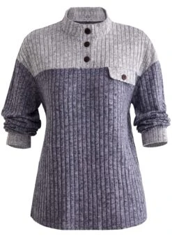 Dusty Blue Patchwork Long Sleeve Stand Collar Sweatshirt -Modlily Shop 1698920799546549805