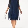 Navy Blue Three Quarter Sleeve Chiffon Overlay Lace Dress -Modlily Shop 208220 P 15361316891700