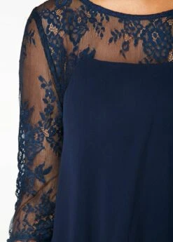 Navy Blue Three Quarter Sleeve Chiffon Overlay Lace Dress 14 Navy Blue Three Quarter Sleeve Chiffon Overlay Lace Dress -Modlily Shop 208220 P 15361316892384