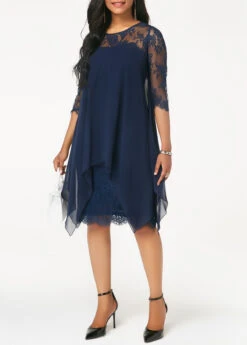 Navy Blue Three Quarter Sleeve Chiffon Overlay Lace Dress 12 Navy Blue Three Quarter Sleeve Chiffon Overlay Lace Dress -Modlily Shop 208220 P 15361316894852