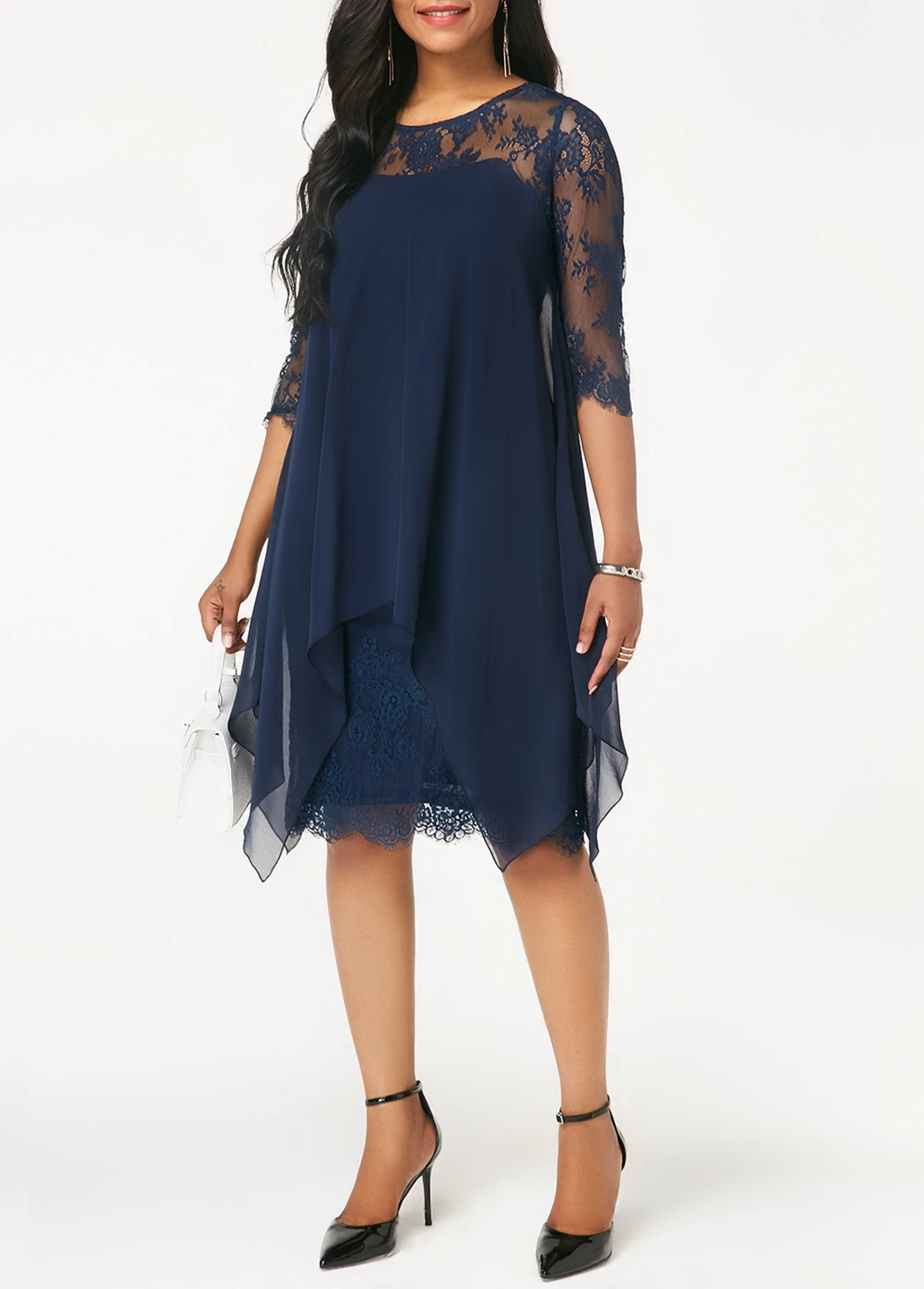 Navy Blue Three Quarter Sleeve Chiffon Overlay Lace Dress 5 Navy Blue Three Quarter Sleeve Chiffon Overlay Lace Dress - Image 3