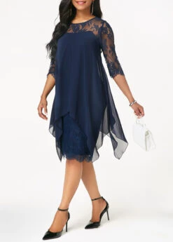 Navy Blue Three Quarter Sleeve Chiffon Overlay Lace Dress 13 Navy Blue Three Quarter Sleeve Chiffon Overlay Lace Dress -Modlily Shop 208220 P 15361316896123