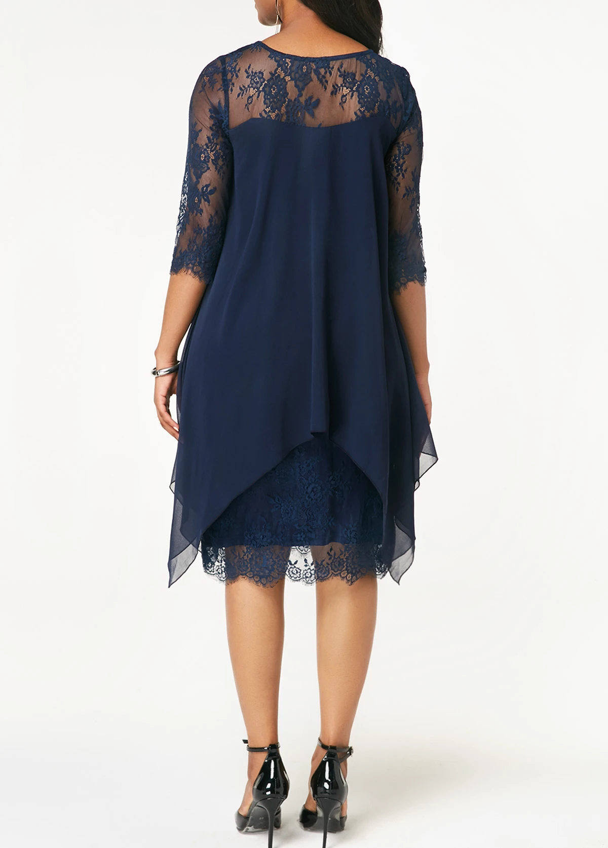 Navy Blue Three Quarter Sleeve Chiffon Overlay Lace Dress 4 Navy Blue Three Quarter Sleeve Chiffon Overlay Lace Dress - Image 2