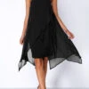 Embellished Neck Asymmetric Hem Black Chiffon Dress