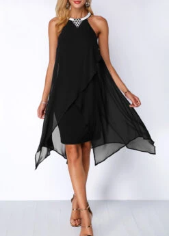 Embellished Neck Asymmetric Hem Black Chiffon Dress