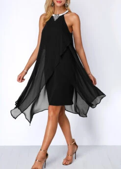 Embellished Neck Asymmetric Hem Black Chiffon Dress -Modlily Shop 209381 P 15900527573322