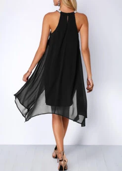 Embellished Neck Asymmetric Hem Black Chiffon Dress -Modlily Shop 209381 P 15900527579753