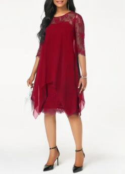 Wine Red Three Quarter Sleeve Chiffon Overlay Lace Dress -Modlily Shop 211160 P 15755385101512