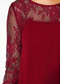 Wine Red Three Quarter Sleeve Chiffon Overlay Lace Dress -Modlily Shop 211160 P 15755385103934