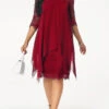 Wine Red Three Quarter Sleeve Chiffon Overlay Lace Dress -Modlily Shop 211160 P 15755385105510