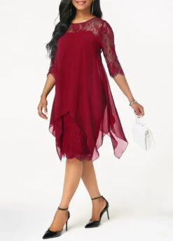 Wine Red Three Quarter Sleeve Chiffon Overlay Lace Dress -Modlily Shop 211160 P 15755385108633