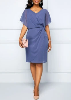 Dusty Blue Short Sleeve V Neck Dress