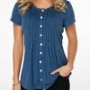 Button Up Crinkle Chest Navy Blue T Shirt -Modlily Shop 217401 P 15528798027190
