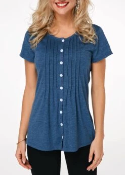 Button Up Crinkle Chest Navy Blue T Shirt 9 Button Up Crinkle Chest Navy Blue T Shirt -Modlily Shop 217401 P 15528798027672