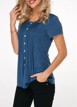 Button Up Crinkle Chest Navy Blue T Shirt 10 Button Up Crinkle Chest Navy Blue T Shirt -Modlily Shop 217401 P 15528798029623