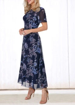 V Back Flower Print Round Neck Dress -Modlily Shop 217732 P 15512472933073