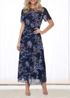 V Back Flower Print Round Neck Dress -Modlily Shop 217732 P 15512472933192