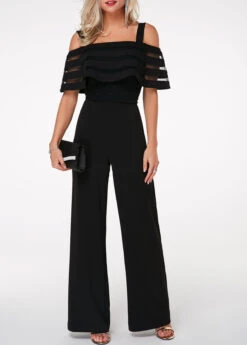 Strappy Cold Shoulder Ruffle Overlay Black Jumpsuit