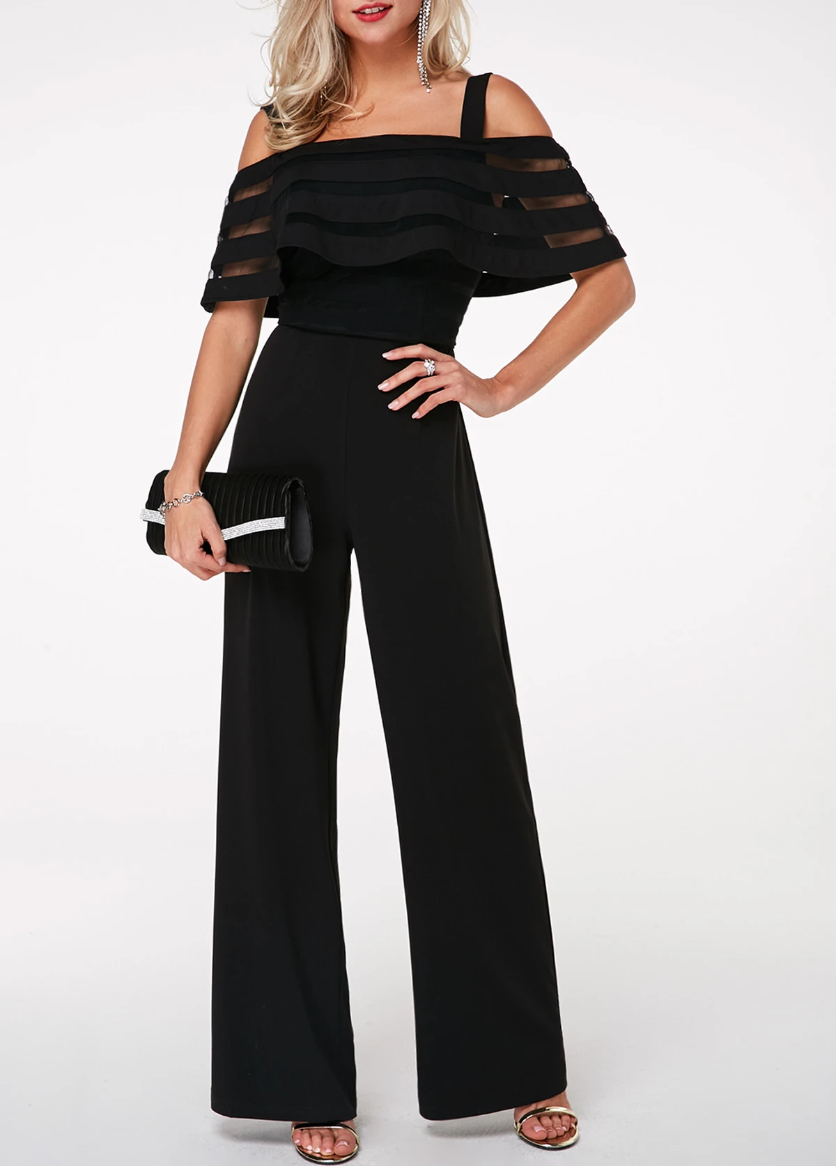 Strappy Cold Shoulder Ruffle Overlay Black Jumpsuit 5 Strappy Cold Shoulder Ruffle Overlay Black Jumpsuit - Image 3