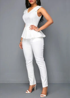 V Neck Peplum Sleeveless White Jumpsuit -Modlily Shop 219284 P 16503499211613