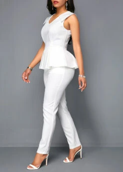 V Neck Peplum Sleeveless White Jumpsuit -Modlily Shop 219284 P 16503499216672