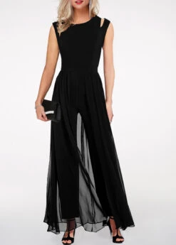 Round Neck High Waist Chiffon Overlay Black Jumpsuit -Modlily Shop 219773 P 1572859624920