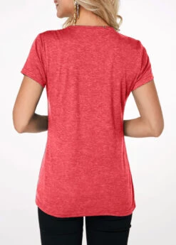 Crinkle Chest Short Sleeve Coral Red T Shirt -Modlily Shop 223057 P 15881301071831