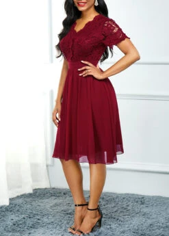 Lace Panel High Waist Short Sleeve Dress -Modlily Shop 224402 P 15638713442153