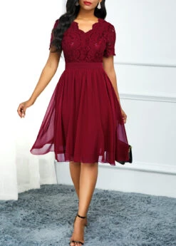 Lace Panel High Waist Short Sleeve Dress
