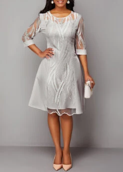 3/4 Sleeve Light Grey Lace Panel Dress -Modlily Shop 225502 P 16336799203193