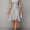 3/4 Sleeve Light Grey Lace Panel Dress