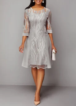3/4 Sleeve Light Grey Lace Panel Dress