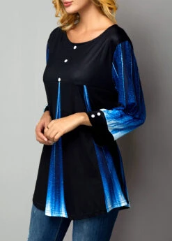 Button Detail Printed Gradient Round Neck T Shirt -Modlily Shop 229111 P 15712134081892