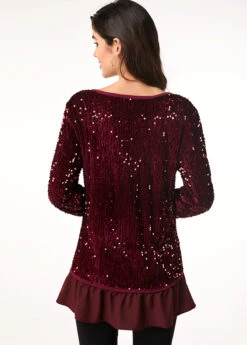 Long Sleeve Sequin Embellished Button Detail T Shirt -Modlily Shop 233061 P 15773232001751
