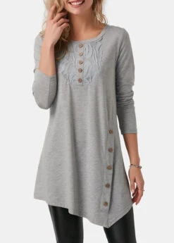 Asymmetric Hem Button Detail Light Grey T Shirt