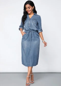 Turndown Collar Chest Pocket Denim Dress -Modlily Shop 246167 P 16002208410073