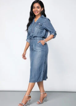 Turndown Collar Chest Pocket Denim Dress -Modlily Shop 246167 P 16002208413632
