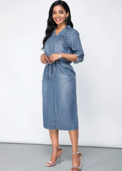 Turndown Collar Chest Pocket Denim Dress -Modlily Shop 246167 P 16002208416714