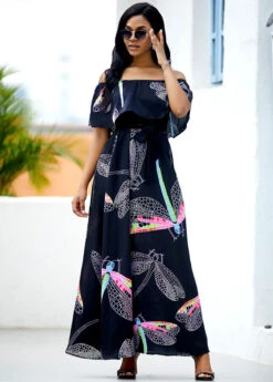 Belted Dragonfly Print Off The Shoulder Maxi Dress -Modlily Shop 246434 P 15976338233563