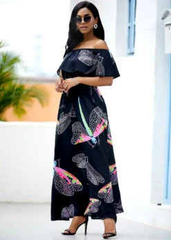 Belted Dragonfly Print Off The Shoulder Maxi Dress -Modlily Shop 246434 P 15976338239712