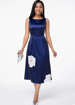 Floral Print Sleeveless Round Neck Blue Dress