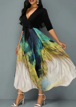 Tie Dye Print Plunging Neck Belted Maxi Dress -Modlily Shop 248277 P 1612400264729