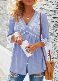 Lace Panel Button Detail V Neck T Shirt