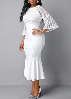 Mesh Panel Flare Sleeve Round Neck Mermaid Dress -Modlily Shop 250282 P 15983402643952