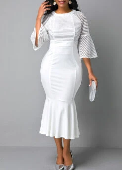 Mesh Panel Flare Sleeve Round Neck Mermaid Dress -Modlily Shop 250282 P 15983402643953