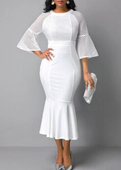 Mesh Panel Flare Sleeve Round Neck Mermaid Dress